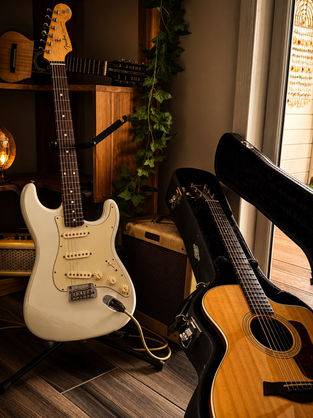 Guitares et amplis dans une ambiance studio chaleureuse